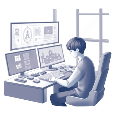 A young individual from Generation Z is seated at a sleek, modern desk. They are focused on assembling a futuristic gadget, surrounded by a variety of high-tech tools. The workspace is filled with multiple holographic screens displaying intricate blueprints and data related to the gadget. The individual has short, stylish hair and wears casual, contemporary clothing. Various gadgets and components are neatly organized on the desk, while the background features large windows allowing natural light to pour in, illuminating the workspace.