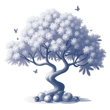 A fig tree with a thick, twisted trunk and a dense canopy. The branches are adorned with an abundance of small, white blossoms, creating a full and lush appearance. Numerous bees are buzzing around the flowers, some perched on the blossoms, while butterflies flutter nearby, adding movement to the scene. The ground is dotted with fallen figs among the vibrant foliage, and the sunlight filters through the tree's leaves, casting intricate shadows.
