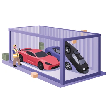 A digital flat illustration featuring an open transport container positioned in an industrial setting. The container has silver metallic walls and is partially filled with luxury cars. Inside the container, there are two sleek sports cars: one is red with a shiny finish and the other is deep blue with a matte surface. A worker in a safety vest and helmet is using a forklift to carefully place a third luxury car, which is black and has a glossy exterior, into the container. The background includes a loading dock with crates and some tool equipment scattered around. Bright sunlight casts shadows from the container and vehicles, creating a dynamic scene.