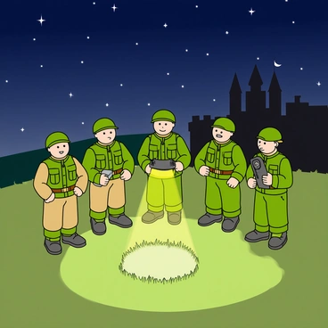 A group of colorful toy soldiers stands in a semi-circle under a starry night sky. Each soldier is detailed, with bright green and tan colors, and unique expressions on their plastic faces. They are varied in posture, some standing at attention while others are slightly crouched, ready for action. One soldier holds a small yellow flashlight, casting a bright beam of light that illuminates a patch of grass in front of them. The light creates a visible glow, highlighting the dewy grass blades and casting playful shadows of the soldiers on the ground. In the background, a dark silhouette of a toy castle can be seen, adding to the adventurous nighttime scene.