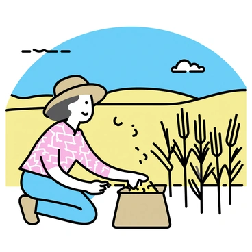 A farmer is wearing a straw hat and a checkered shirt, crouching in a vast field. He is filling a burlap sack with golden wheat grains. The field is filled with tall stalks of wheat swaying gently in the breeze under the bright sun. There are a few scattered clouds in a clear blue sky. In the distance, rolling hills can be seen, enhancing the sense of the open landscape.