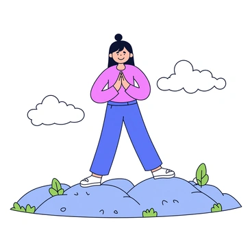 A figure in a yoga pose, holding the "namaste" position with both hands together in front of the chest. The figure stands on top of a rocky mountain peak, showcasing strong, defined outlines. Below, fluffy white clouds roll by, partially obscuring the view of the valley below. The sky is bright and clear, creating a clean backdrop that emphasizes the figure and the mountain. The mountain has a rough texture with patches of green grass and small boulders scattered around.