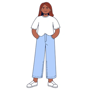 A girl wearing a loose-fitting white t-shirt paired with light blue jeans. She is standing casually with her hands in her pockets. The girl has long brown hair that falls gently over her shoulders. She is wearing simple white sneakers. The background is minimalistic, focusing solely on her outfit and pose.