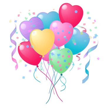 A cluster of colorful balloons in various shapes and sizes, including round and heart-shaped, each displaying vibrant colors like red, yellow, blue, green, and purple. The balloons are suspended in mid-air, with some starting to pop, releasing confetti and small bursts of shimmering light around them. In the background, there's a festive atmosphere with streamers and decorations, creating a lively ambiance. Each balloon has a distinct pattern, like polka dots or stripes, enhancing the cheerful celebration.
