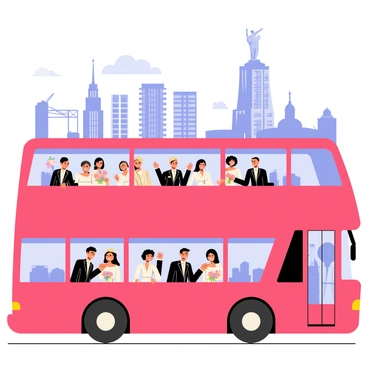 A double-decker bus is filled with a bridal party dressed in elegant outfits. The bus features bright red exterior paint and large windows, providing a clear view of the surroundings. The bridal party is smiling and waving, with some guests holding bouquets of colorful flowers. In the background, famous city landmarks such as tall skyscrapers, historic buildings, and iconic statues are visible. The sky is blue with a few fluffy white clouds, adding to the cheerful atmosphere of the sightseeing experience.