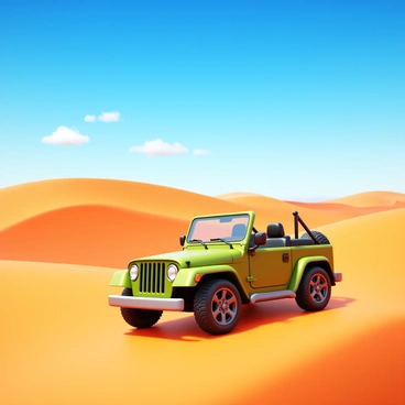 A safari jeep in a realistic 3D rendering, driving through a vast desert landscape. The jeep is detailed with rugged tires and outdoor gear. Surrounding the jeep are large, sweeping sand dunes with textured surfaces. The bright blue sky is expansive, dotted with a few fluffy white clouds. The sunlight casts distinct shadows on the dunes, highlighting the undulating contours of the desert.