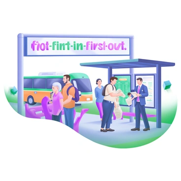 A modern pastel illustration depicting a bus stop with a clear sign overhead. In the foreground, a diverse group of people is lined up in an orderly manner, showcasing the "first-in-first-out" concept. The individuals include a young woman with a backpack, an elderly man holding a newspaper, a parent with a child, and a businessman checking his watch. Each person appears patient and engaged, with various expressions. The bus stop features a bench, a timetable on the wall, and a colorful bus approaching in the background. Bright, soft colors dominate the scene, creating a vibrant atmosphere.