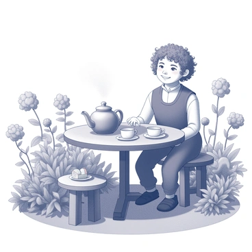 A cozy hobbit enjoying a tea party in their lush garden with colorful flowers