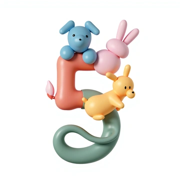 A collection of balloon animals, including a blue dog, a red giraffe, a yellow rabbit, and a green snake. The balloon animals are arranged to form the shape of the number "5", with the blue dog and red giraffe at the top, the yellow rabbit in the middle, and the green snake curving around the bottom. Each balloon animal has a glossy finish and vibrant colors, standing out against a simple white background.