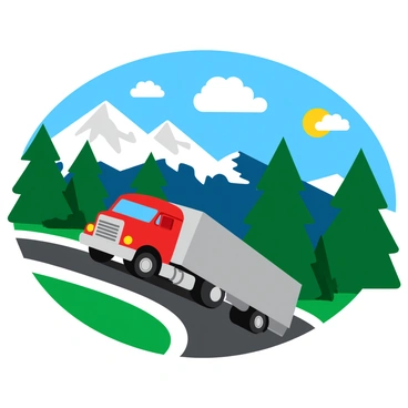 A large transport truck with a bright red cab and a silver trailer is climbing a winding mountain road. The truck is positioned at an angle, showcasing its powerful build. The road curves sharply, surrounded by green pine trees on either side. In the background, towering snow-capped peaks rise majestically against a clear blue sky. Fluffy white clouds float above the mountains, adding depth to the scene. The sun casts a warm light, highlighting the truck and the rugged terrain.