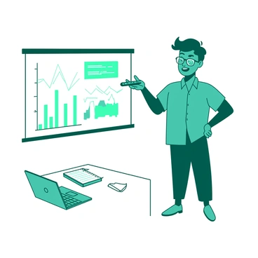 A teal animated character stands confidently in front of a white background, holding a remote control in one hand while gesturing toward a large white screen displaying colorful graphs and charts. The character is wearing glasses and a professional outfit, representing a knowledgeable speaker. A small teal laptop is placed on a white table to the left, with a few notes scattered around. The character's facial expression shows enthusiasm as they engage with an unseen audience.