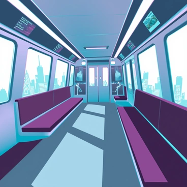 The interior of a metro train featuring a sleek, modern design. The walls are constructed from shiny metallic panels, reflecting soft ambient lighting. Comfortable seating is arranged in a spacious layout, featuring ergonomic designs with plush cushioning in a dark gray fabric. Large windows allow natural light to flood the cabin, showcasing a view of the passing cityscape outside. The floor is polished and made of durable material, with safety handles strategically placed throughout. Digital displays provide information about the next stops and train schedules, while a subtle futuristic aesthetic enhances the overall atmosphere.