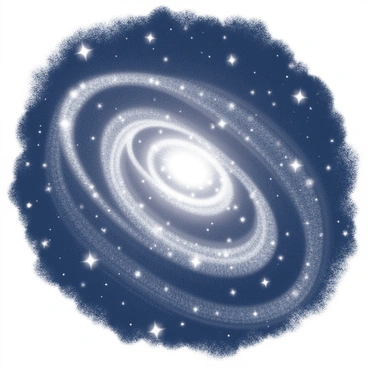 A swirling galaxy with distinct arms spiraling outwards. The galaxy is depicted with intricate patterns and textures, creating a sense of movement. Surrounding the galaxy, a dark night sky is filled with numerous stars, each varying in size and brightness, scattered across the background. The scene conveys a cosmic expanse, highlighting the vastness of space.