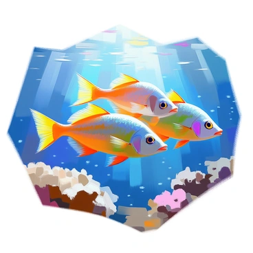 A school of groupers swimming together in synchrony in the deep blue sea. The groupers display vibrant colors, with shades of yellow, green, and blue on their scales. They move gracefully through the water, creating a fluid motion as they swim side by side. Rays of sunlight filter down from above, illuminating the scene and highlighting the rippling water around the fish. In the background, soft coral formations are visible, adding texture to the underwater landscape. The overall composition captures the elegance and unity of the groupers as they navigate their ocean environment.