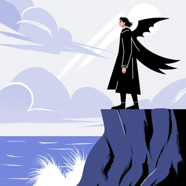 A figure representing "Lucifer" stands on the edge of a rocky cliff. The figure has flowing black hair and bat-like wings spread wide, creating a dramatic silhouette against the sky. Strong winds tousle the figure's hair and cloak, emphasizing the motion of the scene. The background showcases turbulent clouds swirling in various shades of grey and deep blue. Below the cliff, the ocean crashes violently against the rocks, sending up splashes of white foam. The figure appears contemplative, their gaze directed toward the horizon, as if they are tuning into "the whispers of the wind." Soft rays of light peek through the clouds, casting a mystical glow around the figure.