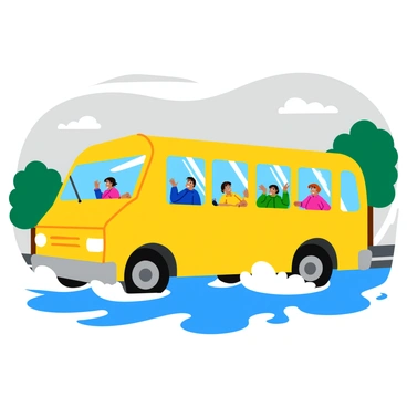A bright yellow bus is splashing through large puddles on a rainy day. Water sprays out from the tires, creating a dynamic scene. Passengers inside the bus are visible, looking out through the fogged-up windows. Their reflections create a soft blurring effect on the glass. Raindrops can be seen streaking down the window panes, adding to the rainy atmosphere. The bus is surrounded by a gray, overcast sky, with hints of green from trees lining the street.