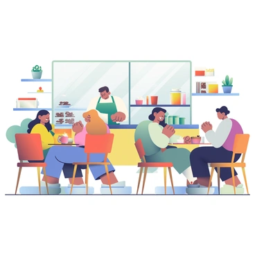 A cozy coffeehouse interior features wooden tables and chairs arranged in small groups. Several patrons are engaged in conversation, sitting with mugs of coffee in hand. A barista with dark hair and an apron is standing behind the counter, preparing drinks. The walls are adorned with shelves filled with coffee beans and various decorations. A large window allows sunlight to stream in, casting soft shadows across the floor. Potted plants are placed on the windowsill, enhancing the warm atmosphere of the coffeehouse.