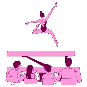 A pink gymnast dressed in a sleek leotard is performing a perfect balance beam routine. The gymnast is mid-air, gracefully poised with arms extended and one leg lifted high. Below, four judges are seated, intently observing the performance with notepads in hand, ready to score. The balance beam is made of a smooth, polished wood and is slightly elevated off the ground. The setting is an indoor gymnasium with bright lighting highlighting the gymnast and the beam.