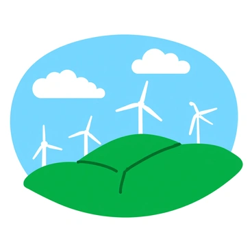 A vibrant landscape featuring several white wind turbines spinning gently on a green hill. The hill is covered in lush grass, and the turbines are positioned at varying heights for visual interest. Above, the sky is clear and bright blue, creating a cheerful atmosphere. Fluffy white clouds drift lazily in the background. The scene evokes a sense of tranquility and harmony with nature.