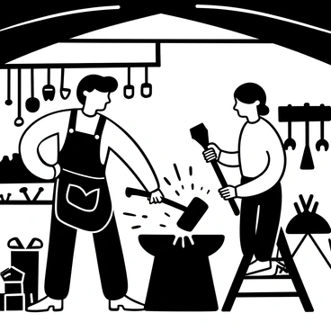 A father and son are inside a traditional workshop, surrounded by various iron tools and equipment. The father, wearing a leather apron, demonstrates how to forge a tool by striking a glowing piece of iron with a hammer. The son, focused and attentive, holds a pair of tongs, watching the action closely. Sparks fly from the anvil as the hammer hits the iron, illuminating the workshop. Shadowy silhouettes of tools hang on the walls, and a forge blazes in the background, adding to the industrious atmosphere.