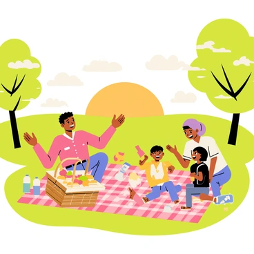A family of four is enjoying a picnic on a checkered blanket in a grassy park. The parents are sitting on the blanket, smiling at their two children who are playing nearby. A picnic basket filled with sandwiches, fruit, and drinks is open next to them. The sun is setting on the horizon, casting an orange and pink hue across the sky. Trees with green leaves are visible in the background, and a few fluffy clouds are scattered across the sky. The scene radiates warmth and happiness as the family shares laughter and food together.