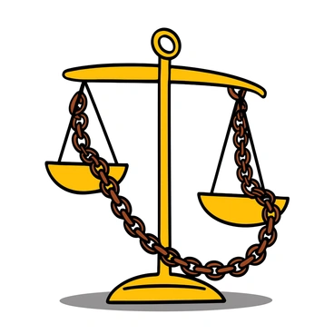 The scales of justice weighed down by heavy chains symbolizing corruption