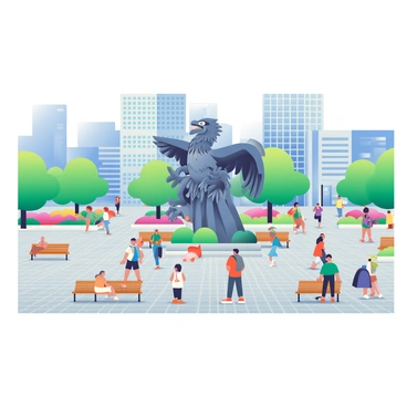 A city square is bustling with activity, featuring a large, impressive sculpture of a drake at its center. The drake is depicted with intricate details, showcasing its feathers and a fierce expression. Surrounding the sculpture are several cobblestone pathways leading in different directions, with people walking, chatting, and enjoying the day. There are benches made of wood scattered throughout the square, and green trees lining the edges, providing shade. In the background, modern buildings with glass façades rise against the sky, while colorful flowerbeds add vibrancy to the scene.