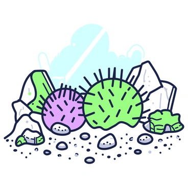 A spiky sea urchin is nestled among rocky crevices on the ocean floor. The urchin has long, sharp spines radiating outward, giving it a formidable appearance. Surrounding the urchin, various sizes of rocks create a textured landscape, with some rocks partially covered in algae. Small pebbles scatter across the sandy ocean floor, and shafts of light filter down from the surface, illuminating the scene. In the background, additional rocky formations enhance the underwater environment, adding depth to the composition.