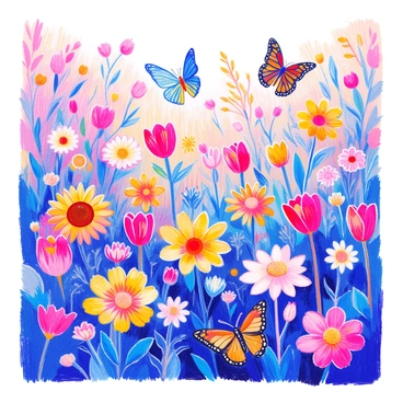 A garden filled with a variety of colorful flowers in full bloom. The flowers include sunflowers, tulips, and daisies, showcasing bright hues of yellow, red, and pink. Vivid butterflies with intricate patterns and colors are fluttering among the blossoms. Each butterfly has unique wing designs, featuring shades of blue, orange, and black. The sunlight casts a warm glow over the scene, highlighting the delicate features of both the flowers and the butterflies.