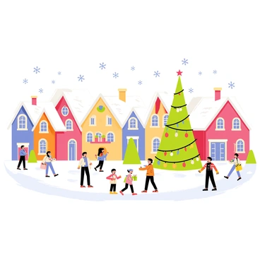 A snowy village with quaint houses covered in white snow. Colorful holiday decorations adorn each home, with string lights and wreaths visible. People in winter clothing are walking through the village, some carrying gifts and hot beverages. A large decorated tree stands in the town square, surrounded by cheerful children playing in the snow. The scene is captured through a fish-eye lens, making the decorations appear more vibrant and charming. Snowflakes are gently falling from the sky, adding to the festive atmosphere.