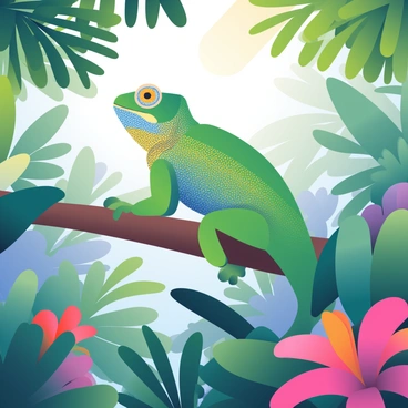 A chameleon with textured skin in various shades of green, blue, and yellow is perched on a branch in a rainforest setting. Its body is partially camouflaged among the lush foliage, surrounded by large, broad leaves and vibrant flowers in hues of red, orange, and purple. Sunlight filters through the dense tree canopy, casting dappled light across the scene. In the background, other plants and vibrant tropical blossoms provide contrast against the chameleon's colors, enhancing the visual complexity of the rainforest environment.