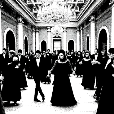 A grand hall is filled with elegantly dressed attendees, each wearing intricate masks. The guests are dancing gracefully, their movements fluid and synchronized. Above them, several crystal chandeliers hang from the ceiling, their light casting reflections around the room. The decor includes ornate columns and plush drapes, enhancing the opulence of the setting. The floor is polished and shiny, reflecting the lively atmosphere of the masquerade ball.