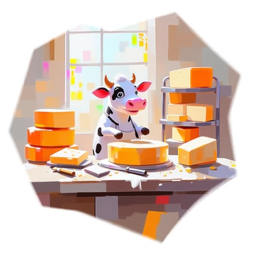 A cartoon cow with a cheerful expression is standing inside a tiny cheese factory. The cow has black and white spots, and is wearing a small apron. It is busy working at a large wooden table, where it is shaping cheese with its hooves. Surrounding the cow are big wheels of cheese stacked on shelves, showcasing various types of cheese, including cheddar and gouda. The factory has colorful decorations, and there are tools such as molds and cheese knives scattered around the workspace. Bright sunlight streams through a window, illuminating the scene.