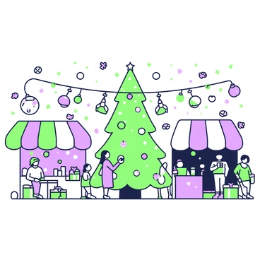 A bustling Christmas market filled with activity and decorations. There are various stalls covered with colorful awnings, each displaying a variety of ornaments, including handmade decorations and twinkling lights. Visitors are seen exploring the stalls, some holding warm drinks in cups. A large Christmas tree is positioned at the center of the market, adorned with lights and ornaments. Snowflakes are gently falling from the sky, creating a wintery atmosphere. Strings of lights crisscross above the stalls, adding to the festive ambiance.