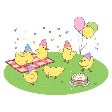 A vibrant scene featuring a group of adorable yellow chicks, each wearing tiny pastel-colored Easter hats adorned with colorful designs. The chicks are scattered across a green grassy area, some standing together while others are playfully hopping around. Brightly colored confetti in shades of pink, blue, and yellow is sprinkled throughout the scene, floating gently in the air. Balloons in various shapes and sizes are floating nearby, adding to the festive atmosphere. A small cake with colorful frosting sits on a picnic blanket, completing the joyful party setting.