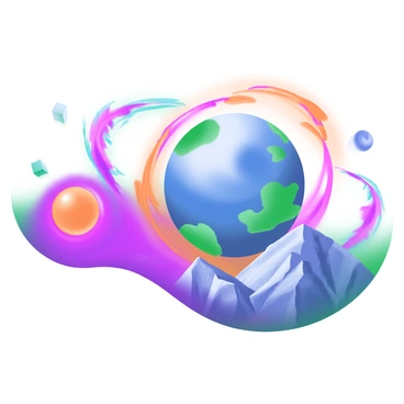 A vibrant planet with a swirling, colorful atmosphere, exhibiting hues of deep blues, bright purples, and fiery oranges. Surrounding the planet are several rings composed of dynamic, glowing plasma, shifting and changing in shape. The rings appear to pulse with energy, casting a soft glow on the planet's surface. The planet itself features rugged terrain, consisting of towering mountains and deep valleys, visible through the atmospheric clouds.