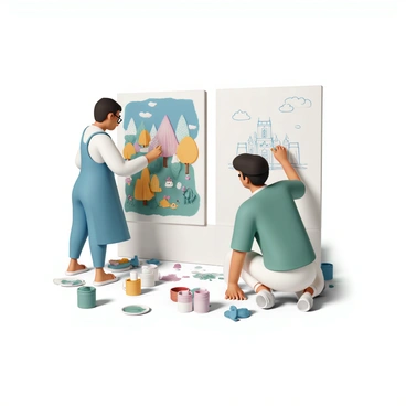Two illustrators are collaborating on a large mural depicting scenes from a storybook. One illustrator, wearing a blue apron and glasses, is painting a vibrant forest scene filled with colorful trees and whimsical creatures. The other illustrator, dressed in a green shirt and a black cap, is sketching a castle in the clouds on a large canvas. Both are surrounded by an array of paint cans, brushes, and sketches, fully engaged in their creative process, with paint splatters on the ground and a sense of teamwork in their expressions.