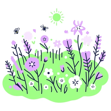 A spring meadow is filled with a variety of wildflowers in full bloom. There are clusters of flowers in different shapes and sizes, creating a vibrant landscape. Bees are buzzing around, hovering near the flowers as they collect nectar. In the background, the sun is shining brightly, illuminating the scene and casting soft shadows on the ground. A gentle breeze causes the flowers to sway slightly, enhancing the lively atmosphere of the meadow.