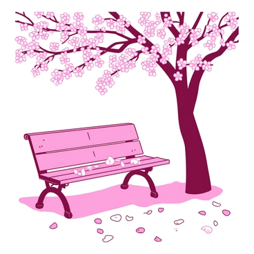 A pink park bench sits under a canopy of cherry blossom trees with delicate white flowers. Cherry blossom petals are gently falling from the branches above, creating a soft blanket around the base of the bench. Some petals rest on the bench itself, adding to the tranquil scene. The ground is covered in a mixture of pink and white petals, enhancing the picturesque setting. The atmosphere conveys a sense of calm and beauty.