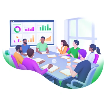 A group of diverse stakeholders is sitting around a large, rectangular conference table. Each individual is engaged in discussion, showcasing a range of ethnicities and professional attires. On the table, there are notebooks, pens, and coffee cups scattered around. Behind them, a large screen displays various charts and graphs in bright colors, illustrating data trends and key performance indicators. The room is well-lit, with modern decor and a large window letting in natural light.