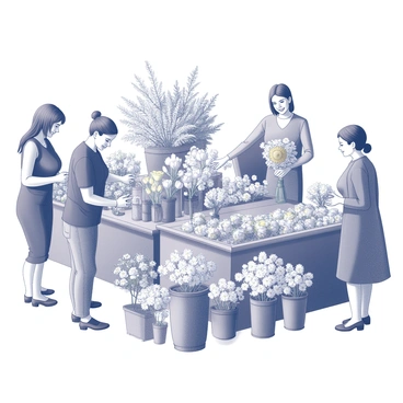 A bustling flower market filled with an array of fresh bouquets. Various vendors are actively engaged with customers, showcasing their vibrant arrangements. Stalls are filled with flowers such as roses, daisies, and sunflowers, all arranged neatly. The atmosphere is lively, with people interacting, selecting flowers, and exchanging cheerful smiles. Some vendors are tying bouquets with twine, while others are arranging flowers in pots. The scene captures the essence of a lively marketplace dedicated to the beauty of nature.