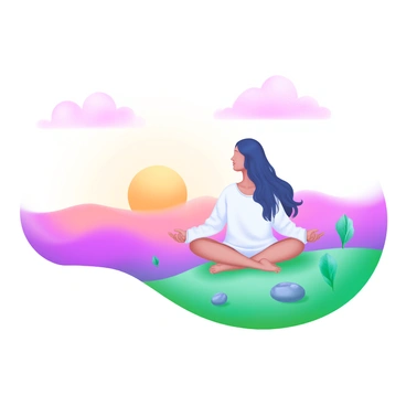 A person sitting cross-legged on a soft patch of grass, engaging in meditation during sunrise. The sun is just above the horizon, casting warm golden light across the scene. The individual has long, flowing hair and wears a simple, loose-fitting white garment. Surrounding them are soft clouds tinted with shades of pink and orange, enhancing the vibrant morning sky. In the foreground, a few small stones are scattered, symbolizing past experiences. The tranquil atmosphere suggests a moment of deep reflection and peace.