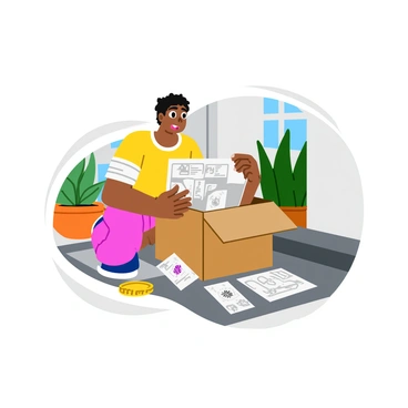 A person crouching at their doorstep, opening a brown cardboard package. The package is slightly torn, and various items are spilling out onto the ground. The items include papers covered in "strange symbols," small trinkets with intricate designs, and a rolled-up map partially visible. The person is wearing a casual outfit, looking surprised and curious while examining the contents. The background features a quaint front porch with a potted plant and a welcome mat.