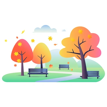 A park in autumn is depicted with trees displaying vibrant hues of orange, yellow, and red leaves. Leaves are falling gently to the ground, creating a colorful carpet. Benches made of dark wood are lined along a winding path, inviting visitors to sit and enjoy the scenery. A few fallen leaves are scattered on the benches. In the background, soft ripples of movement can be seen in the grass, indicating a gentle breeze flowing through the park. The sky is clear with a light blue hue, adding to the tranquil atmosphere.