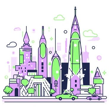 A futuristic cityscape filled with towering structures that emulate the shape of metallic bonds. The towers vary in height, with some reaching high into the sky, while others are more moderate in size. Each tower has a sleek, angular design and features interconnecting frameworks, resembling atomic structures. The scene is vibrant, showcasing multiple layers of buildings, and is densely populated with these bond-like towers throughout. In the foreground, a wide street is visible, lined with glowing signs and sleek vehicles moving smoothly along the road. Above, a clear sky stretches, providing an expansive backdrop to the intricate architecture below.