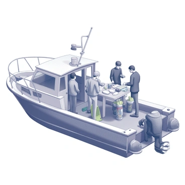 A boat floats on calm waters, equipped for a research expedition. A group of marine scientists stands on the deck, dressed in practical attire suitable for fieldwork. Some are gathered around a table laden with a variety of scientific instruments and equipment, including water sampling devices and notebooks. Others are adjusting diving gear, preparing for underwater exploration. In the background, the outline of a vibrant coral reef is visible beneath the surface, hinting at the study area's biodiversity. The scene conveys a sense of purpose and collaboration among the team as they embark on their research mission.