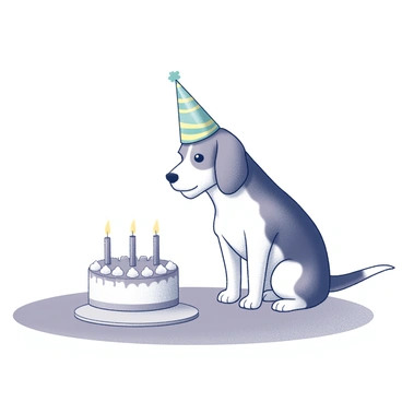 A beagle with a short, smooth coat is sitting on a surface. The beagle is wearing a colorful party hat that is slightly tilted to one side. Beside the beagle, there is a round birthday cake placed on a table. The cake is decorated with frosting and candles on top. The scene captures a festive atmosphere, highlighting the beagle's attentive gaze towards the cake.