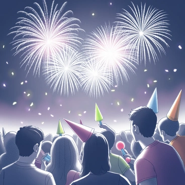 A lively crowd gathered together, celebrating New Year's Eve. People are wearing festive hats and holding colorful noisemakers. In the background, vibrant fireworks are exploding in the night sky, illuminating the scene with bright bursts. Some fireworks form intricate shapes while others cascade down like glitter. The expressions on the crowd's faces reflect joy and excitement as they count down to midnight. Streamers and confetti fill the air, adding to the festive atmosphere.
