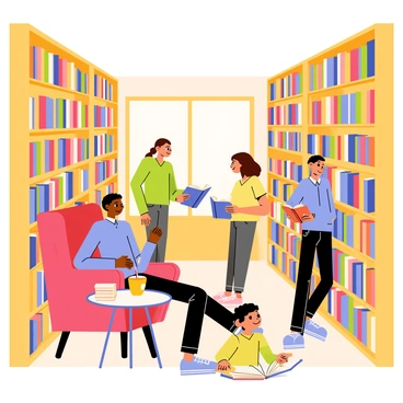 A cozy bookstore filled with tall wooden shelves stacked with colorful books. Several people are browsing the shelves; one person is a woman with long brown hair wearing a green sweater, reaching for a book on the top shelf. Another person is a man with short black hair in a blue shirt, seated on a red armchair, flipping through a book with a thoughtful expression. Near the entrance, a child with curly hair is sitting on the floor, surrounded by open books, engrossed in reading. Soft warm lighting illuminates the space, creating a welcoming atmosphere. A small table with a steaming cup of coffee sits next to the armchair.