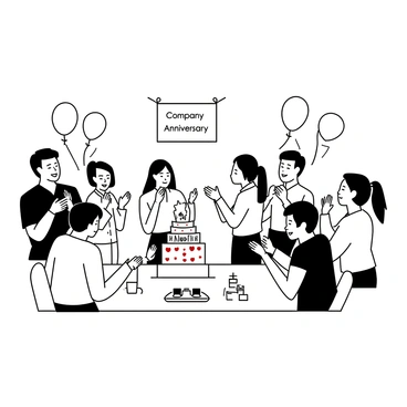 A group of call center staff is gathered in an office space, smiling and engaging with one another. They are surrounded by colorful balloons tied to their desks, and a large cake decorated with "Happy Anniversary" written on it. Some staff members are holding party hats, while others are clapping their hands in celebration. A table with snacks and beverages is visible in the background, and a banner hanging on the wall reads "Company Anniversary."